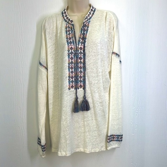 Sundance - 100 Percent Linen White Colorful Embroidered Long Sleeve Tunic SZ M - Picture 2 of 12